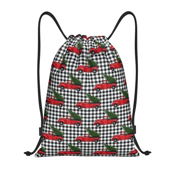 Drawstring Backpack - Christmas red truck tree Buffalo Plaid Splash Proof Small Drawstring Gym Bag for Women Men, Cinch Sports String Bag Backpack for Travel Swimming Beach