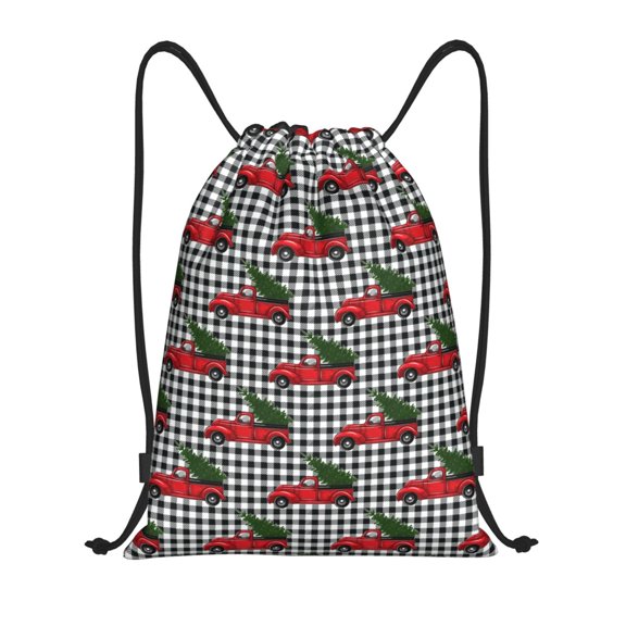 Drawstring Backpack - Christmas red truck tree Buffalo Plaid Splash Proof Small Drawstring Gym Bag for Women Men, Cinch Sports String Bag Backpack for Travel Swimming Beach