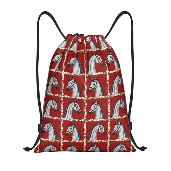 Drawstring Backpack - Classic Plaid Cool Horse Head Splash Proof Small Drawstring Gym Bag for Women Men, Cinch Sports String Bag Backpack for Travel Swimming Beach