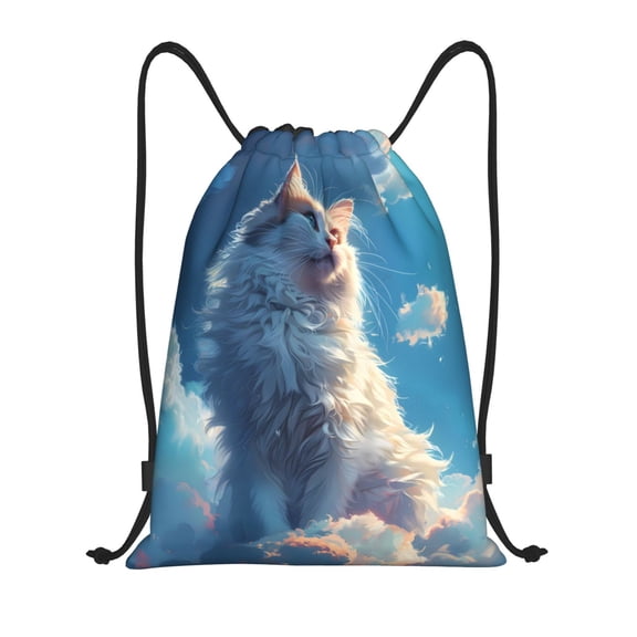 Drawstring Backpack - Clear Sky Blue Cat Splash Proof Small Drawstring Gym Bag for Women Men, Cinch Sports String Bag Backpack for Travel Swimming Beach