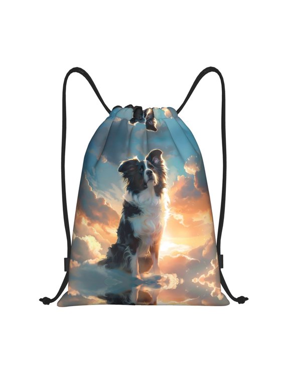 Drawstring Backpack - Cloud Border Collie Splash Proof Small Drawstring Gym Bag for Women Men, Cinch Sports String Bag Backpack for Travel Swimming Beach