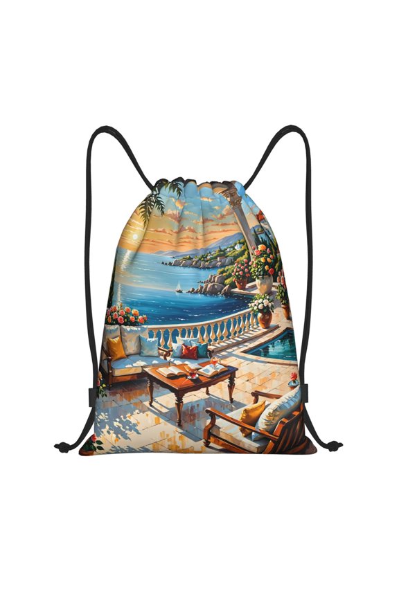 Drawstring Backpack - Coastal Style Garden Villa Splash Proof Small Drawstring Gym Bag for Women Men, Cinch Sports String Bag Backpack for Travel Swimming Beach