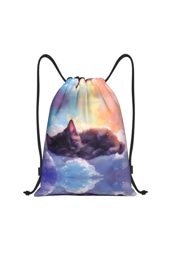 Drawstring Backpack - Colorful Cloud Sleeping Cat Splash Proof Small Drawstring Gym Bag for Women Men, Cinch Sports String Bag Backpack for Travel Swimming Beach