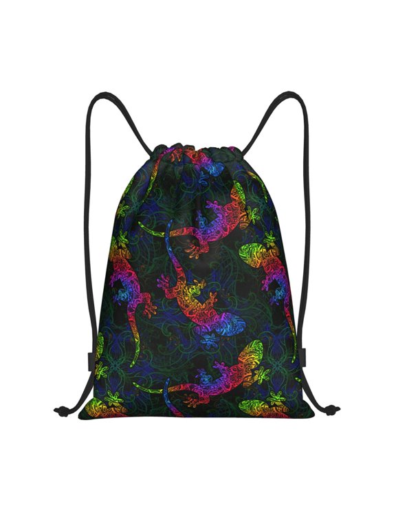 Drawstring Backpack - Colorful Cute Lizard Gecko Splash Proof Small Drawstring Gym Bag for Women Men, Cinch Sports String Bag Backpack for Travel Swimming Beach