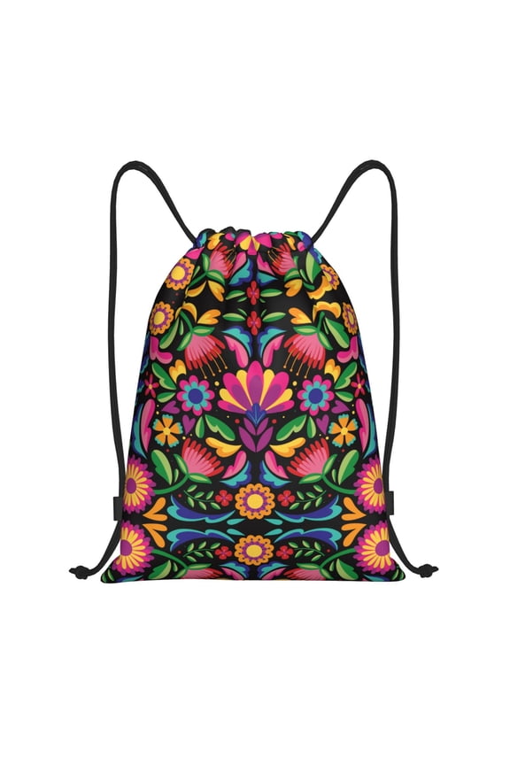 Drawstring Backpack - Colorful Floral Embroidery Mexican Splash Proof Small Drawstring Gym Bag for Women Men, Cinch Sports String Bag Backpack for Travel Swimming Beach