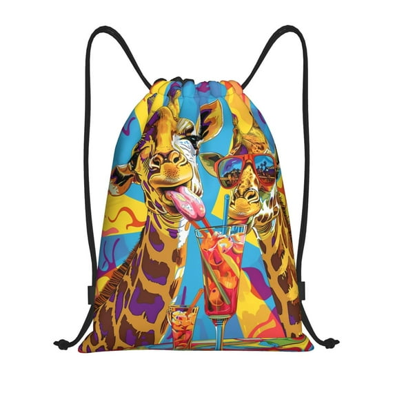 Drawstring Backpack - Colorful Giraffes with Drinks Splash Proof Small Drawstring Gym Bag for Women Men, Cinch Sports String Bag Backpack for Travel Swimming Beach