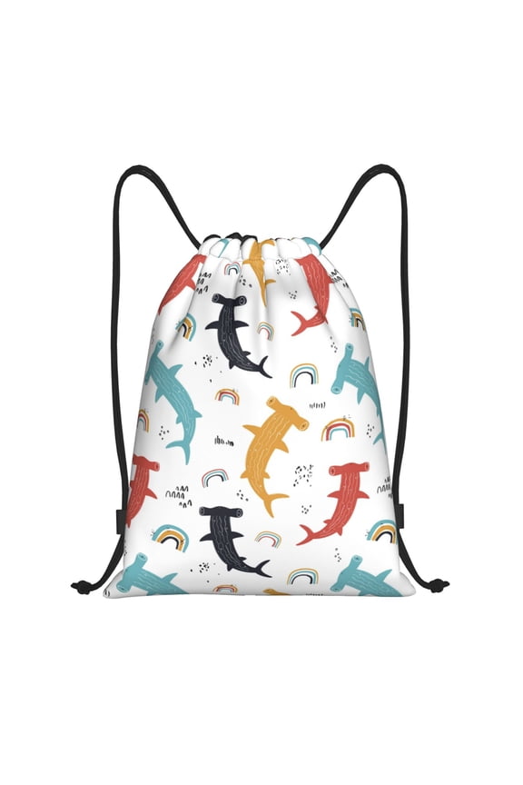 Drawstring Backpack - Colorful Rainbow Hammerhead Shark Splash Proof Small Drawstring Gym Bag for Women Men, Cinch Sports String Bag Backpack for Travel Swimming Beach