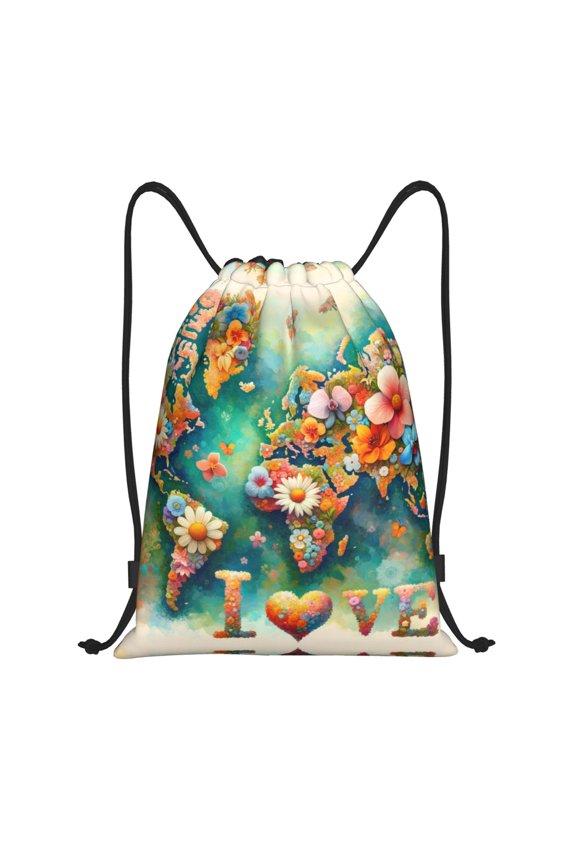 Drawstring Backpack - Colorful World Map Splash Proof Small Drawstring Gym Bag for Women Men, Cinch Sports String Bag Backpack for Travel Swimming Beach
