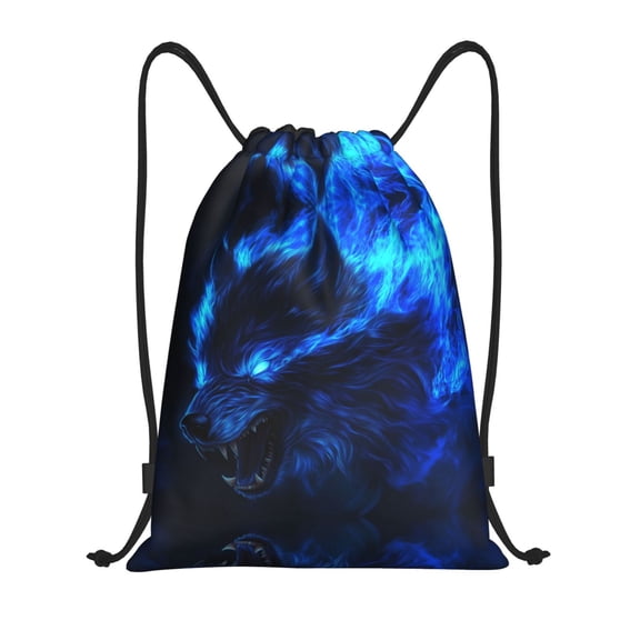 Drawstring Backpack - Cool Blue Fire Wolf Splash Proof Small Drawstring Gym Bag for Women Men, Cinch Sports String Bag Backpack for Travel Swimming Beach