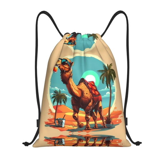 Drawstring Backpack - Cool Camel Oasis Vibes Splash Proof Small Drawstring Gym Bag for Women Men, Cinch Sports String Bag Backpack for Travel Swimming Beach