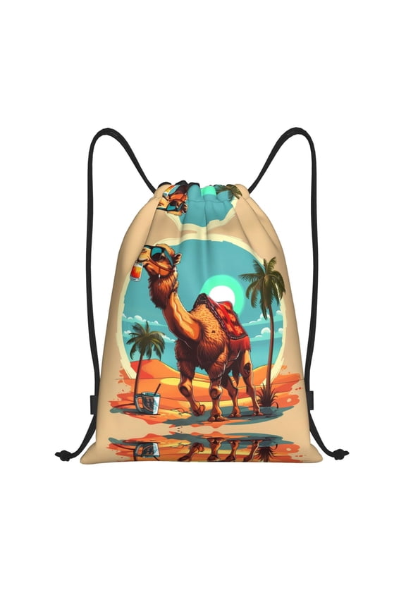 Drawstring Backpack - Cool Camel Oasis Vibes Splash Proof Small Drawstring Gym Bag for Women Men, Cinch Sports String Bag Backpack for Travel Swimming Beach