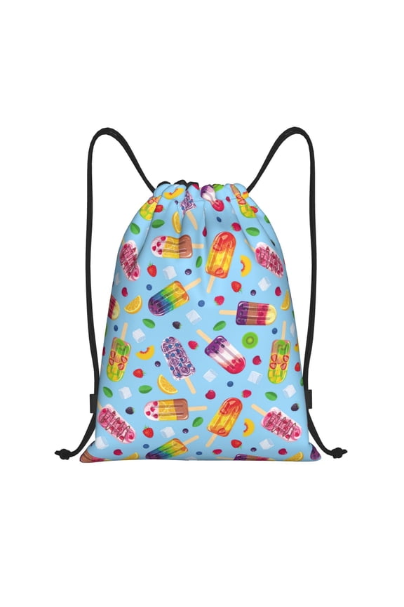 Drawstring Backpack - Cool Summer Ice Cream Print Splash Proof Small Drawstring Gym Bag for Women Men, Cinch Sports String Bag Backpack for Travel Swimming Beach