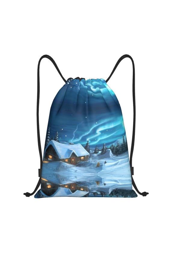 Drawstring Backpack - Cottage Snow Northern Lights Splash Proof Small Drawstring Gym Bag for Women Men, Cinch Sports String Bag Backpack for Travel Swimming Beach