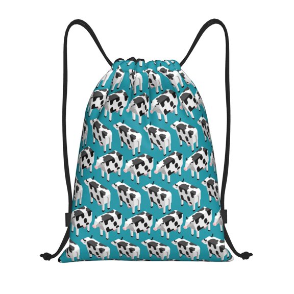 Drawstring Backpack - Cow farm anima blue funny Splash Proof Small Drawstring Gym Bag for Women Men, Cinch Sports String Bag Backpack for Travel Swimming Beach