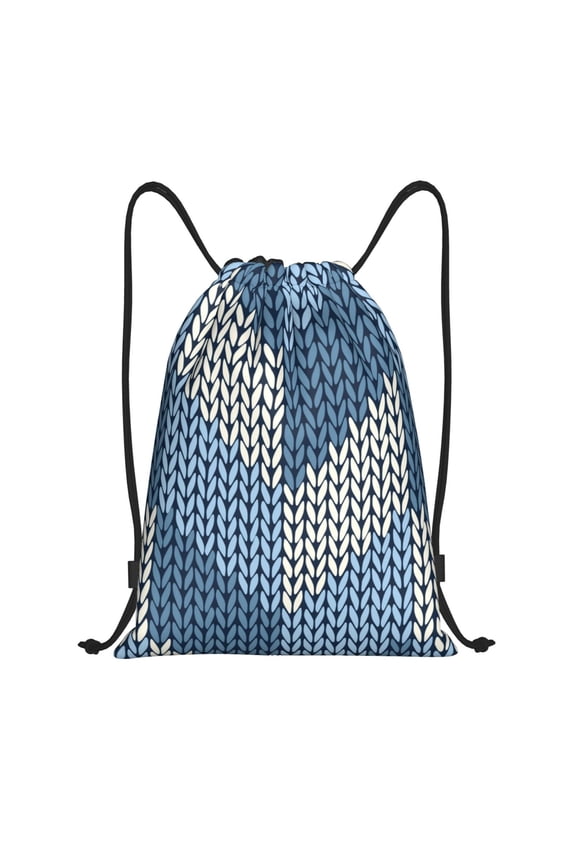 Drawstring Backpack - Cozy Knitted Blue Chevron Splash Proof Small Drawstring Gym Bag for Women Men, Cinch Sports String Bag Backpack for Travel Swimming Beach