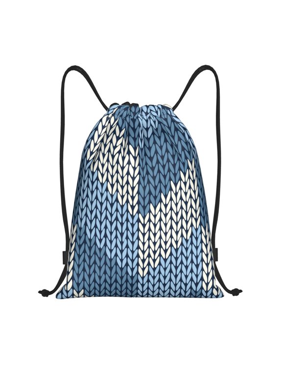 Drawstring Backpack - Cozy Knitted Blue Chevron Splash Proof Small Drawstring Gym Bag for Women Men, Cinch Sports String Bag Backpack for Travel Swimming Beach