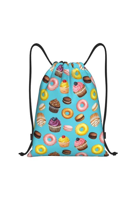 Drawstring Backpack - Cupcake Donut Macaroon Prints Splash Proof Small Drawstring Gym Bag for Women Men, Cinch Sports String Bag Backpack for Travel Swimming Beach