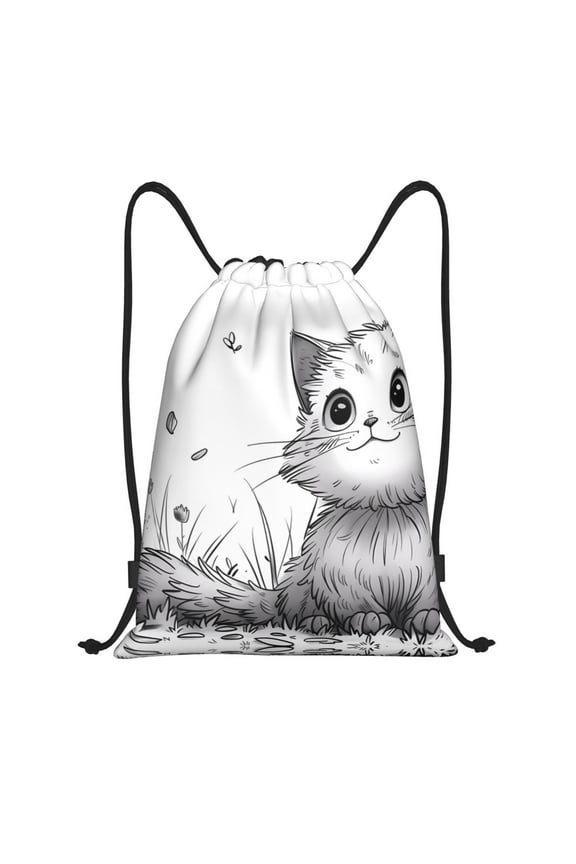 Drawstring Backpack - Cute Cat Meadow Sketch Splash Proof Small Drawstring Gym Bag for Women Men, Cinch Sports String Bag Backpack for Travel Swimming Beach