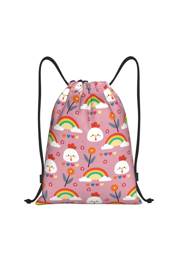 Drawstring Backpack - Cute Chicken Rainbow Flower Love Splash Proof Small Drawstring Gym Bag for Women Men, Cinch Sports String Bag Backpack for Travel Swimming Beach