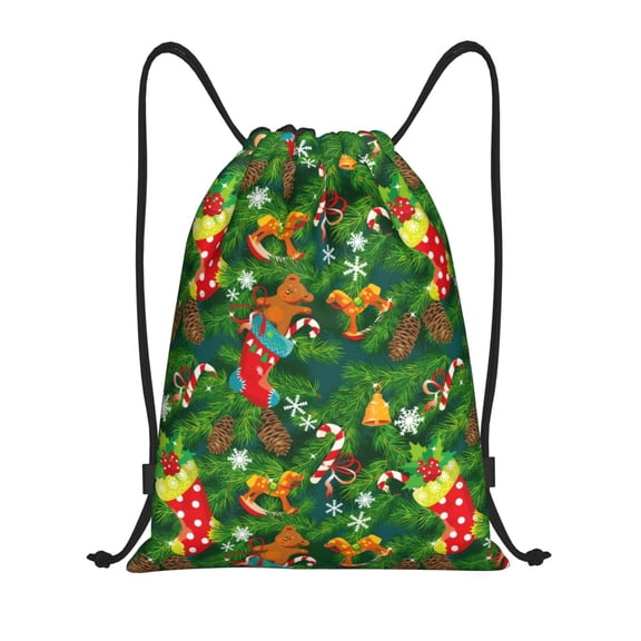 Drawstring Backpack - Cute Christmas Stocking Bear Splash Proof Small Drawstring Gym Bag for Women Men, Cinch Sports String Bag Backpack for Travel Swimming Beach