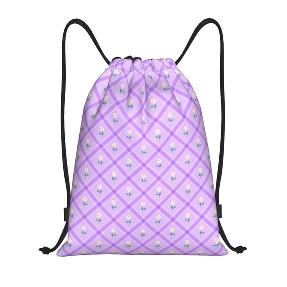 Drawstring Backpack - Cute Frangipani Lilac Checkered Splash Proof Small Drawstring Gym Bag for Women Men, Cinch Sports String Bag Backpack for Travel Swimming Beach