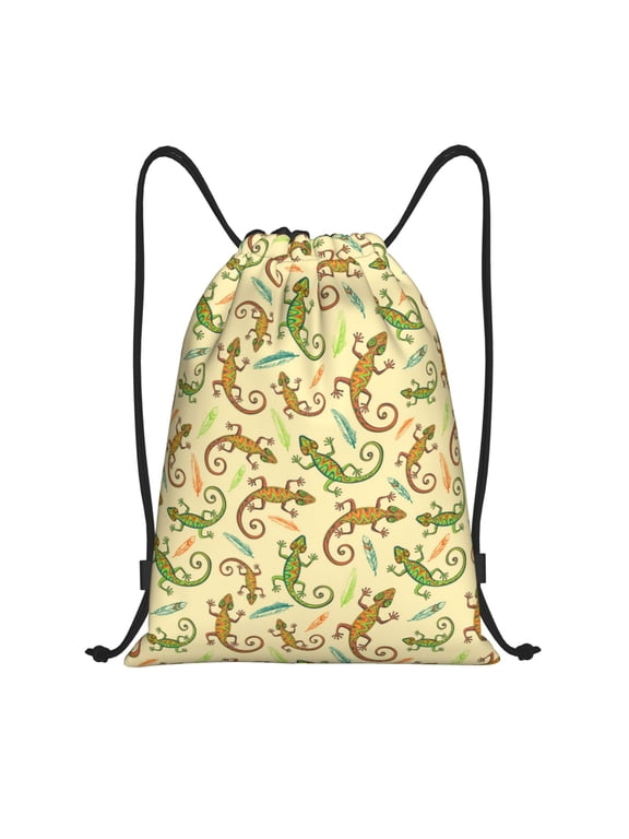Drawstring Backpack - Cute Gecko Lizard Feathers Splash Proof Small Drawstring Gym Bag for Women Men, Cinch Sports String Bag Backpack for Travel Swimming Beach