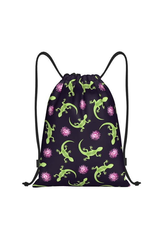 Drawstring Backpack - Cute Lizard Gecko Floral Pink Splash Proof Small Drawstring Gym Bag for Women Men, Cinch Sports String Bag Backpack for Travel Swimming Beach
