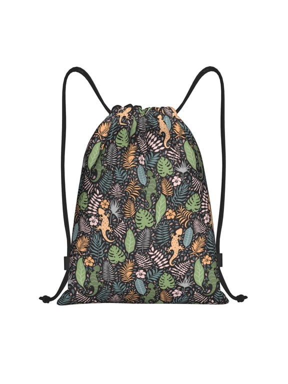 Drawstring Backpack - Cute Lizard Gecko Tropical Plant Splash Proof Small Drawstring Gym Bag for Women Men, Cinch Sports String Bag Backpack for Travel Swimming Beach