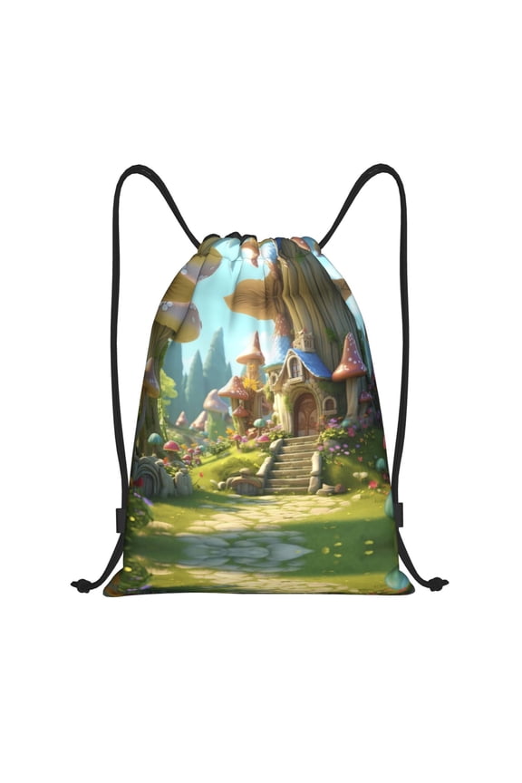 Drawstring Backpack - Cute Mushroom Town A Splash Proof Small Drawstring Gym Bag for Women Men, Cinch Sports String Bag Backpack for Travel Swimming Beach