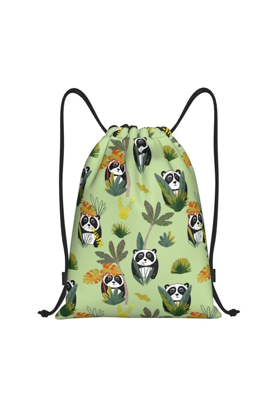 Drawstring Backpack - Cute Panda Bear In Greenery Forest Splash Proof Small Drawstring Gym Bag for Women Men, Cinch Sports String Bag Backpack for Travel Swimming Beach