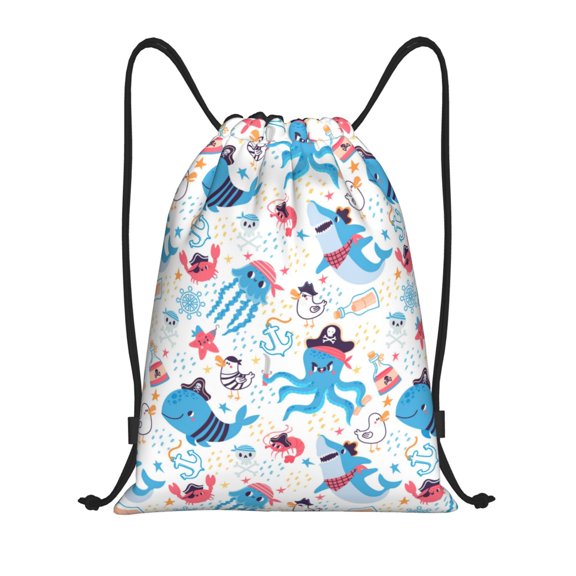Drawstring Backpack - Cute Pirate Shark Whale Octopus Splash Proof Small Drawstring Gym Bag for Women Men, Cinch Sports String Bag Backpack for Travel Swimming Beach