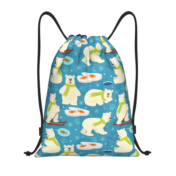 Drawstring Backpack - Cute Polar Bear Fishing Splash Proof Small Drawstring Gym Bag for Women Men, Cinch Sports String Bag Backpack for Travel Swimming Beach