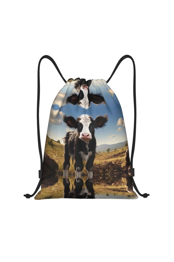 Drawstring Backpack - Cute Prairie Cow Splash Proof Small Drawstring Gym Bag for Women Men, Cinch Sports String Bag Backpack for Travel Swimming Beach