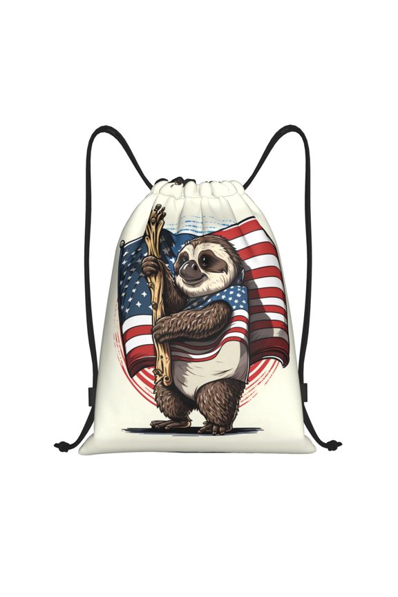 Drawstring Backpack - Cute Sloth American Flag Splash Proof Small Drawstring Gym Bag for Women Men, Cinch Sports String Bag Backpack for Travel Swimming Beach
