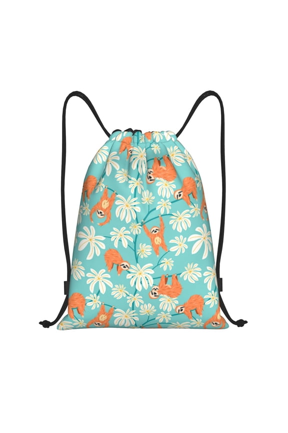 Drawstring Backpack - Cute Sloth on Floral Tree Splash Proof Small Drawstring Gym Bag for Women Men, Cinch Sports String Bag Backpack for Travel Swimming Beach