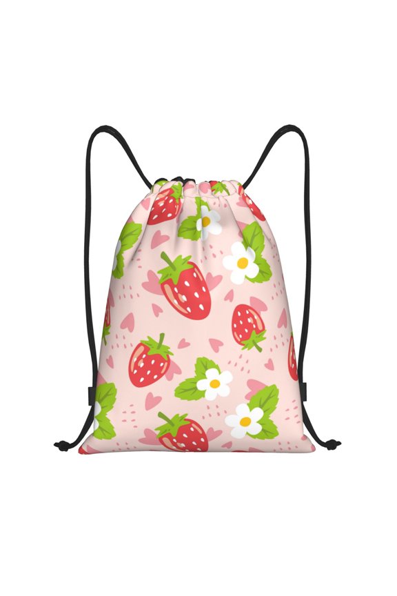 Drawstring Backpack - Cute Strawberry Pink Love Splash Proof Small Drawstring Gym Bag for Women Men, Cinch Sports String Bag Backpack for Travel Swimming Beach