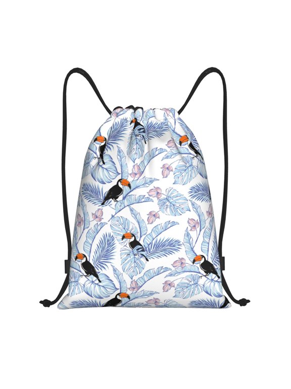 Drawstring Backpack - Cute Toucan Monstera Palm Leaves Splash Proof Small Drawstring Gym Bag for Women Men, Cinch Sports String Bag Backpack for Travel Swimming Beach
