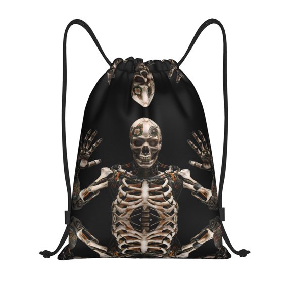 Drawstring Backpack - Cyber Skeleton With Tattoos Splash Proof Small Drawstring Gym Bag for Women Men, Cinch Sports String Bag Backpack for Travel Swimming Beach