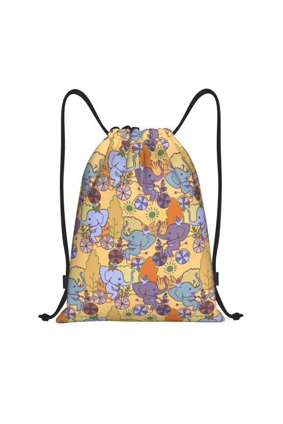 Drawstring Backpack - Cycling Elephant On Bicycle In Park Splash Proof Small Drawstring Gym Bag for Women Men, Cinch Sports String Bag Backpack for Travel Swimming Beach