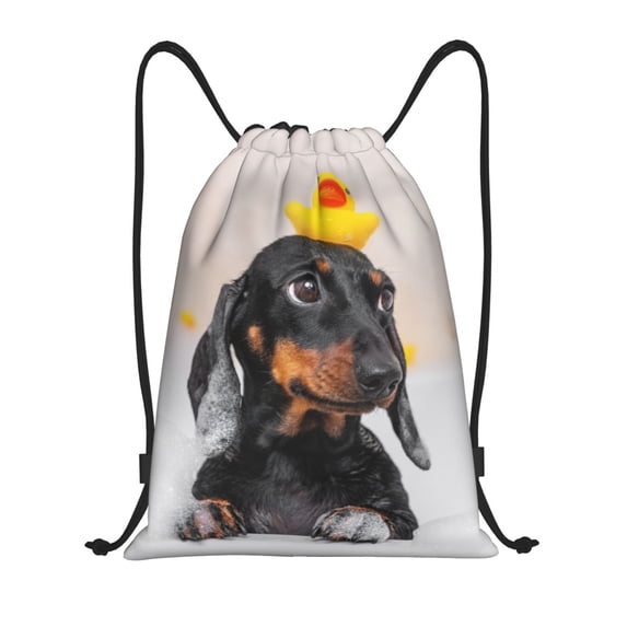 Drawstring Backpack - Dachshund Sitting in Bathtub Splash Proof Small Drawstring Gym Bag for Women Men, Cinch Sports String Bag Backpack for Travel Swimming Beach
