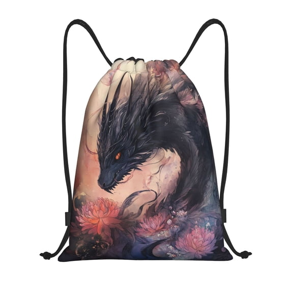 Drawstring Backpack - Dark Dragon Floral Fantasy Splash Proof Small Drawstring Gym Bag for Women Men, Cinch Sports String Bag Backpack for Travel Swimming Beach