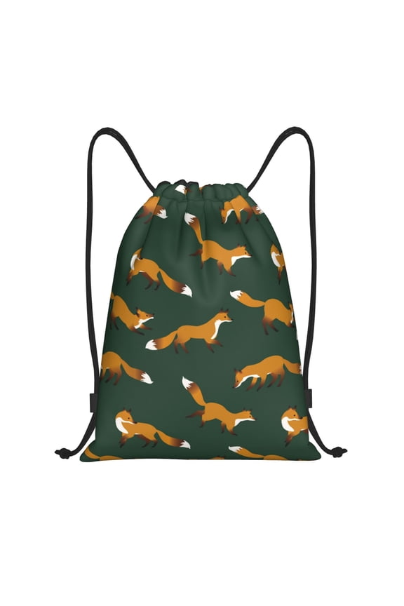 Drawstring Backpack - Dark Green Fox Print Splash Proof Small Drawstring Gym Bag for Women Men, Cinch Sports String Bag Backpack for Travel Swimming Beach