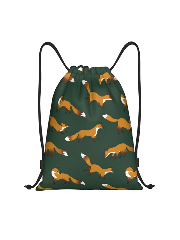 Drawstring Backpack - Dark Green Fox Print Splash Proof Small Drawstring Gym Bag for Women Men, Cinch Sports String Bag Backpack for Travel Swimming Beach
