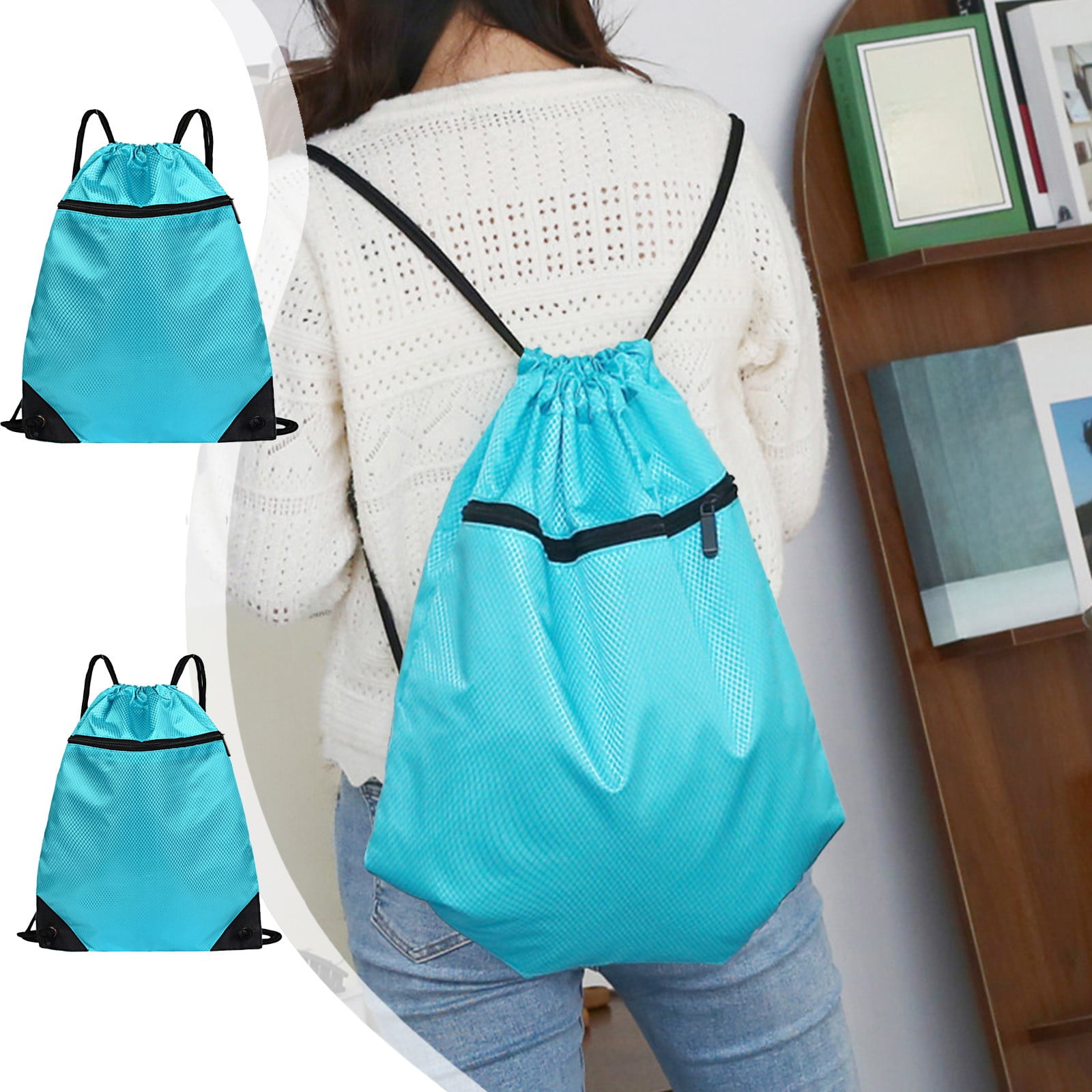 Drawstring Backpack Diamond Grid Water-Repellent Fabric