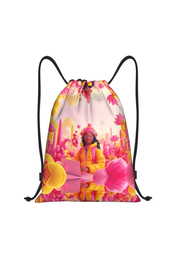 Drawstring Backpack - Digital Nomad Pink Landscape Splash Proof Small Drawstring Gym Bag for Women Men, Cinch Sports String Bag Backpack for Travel Swimming Beach