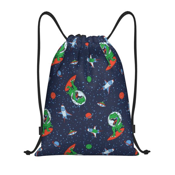 Drawstring Backpack - Dinosaur Astronaut Space -E Splash Proof Small Drawstring Gym Bag for Women Men, Cinch Sports String Bag Backpack for Travel Swimming Beach