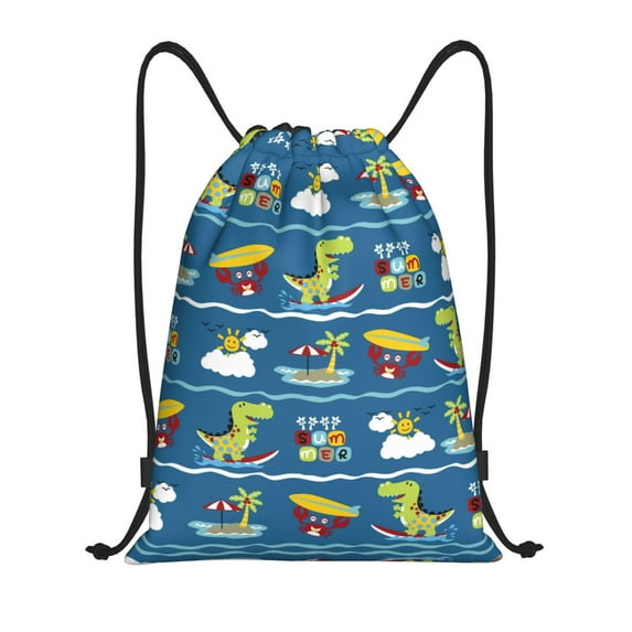 Drawstring Backpack - Dinosaur on the Beach Vacation Splash Proof Small Drawstring Gym Bag for Women Men, Cinch Sports String Bag Backpack for Travel Swimming Beach