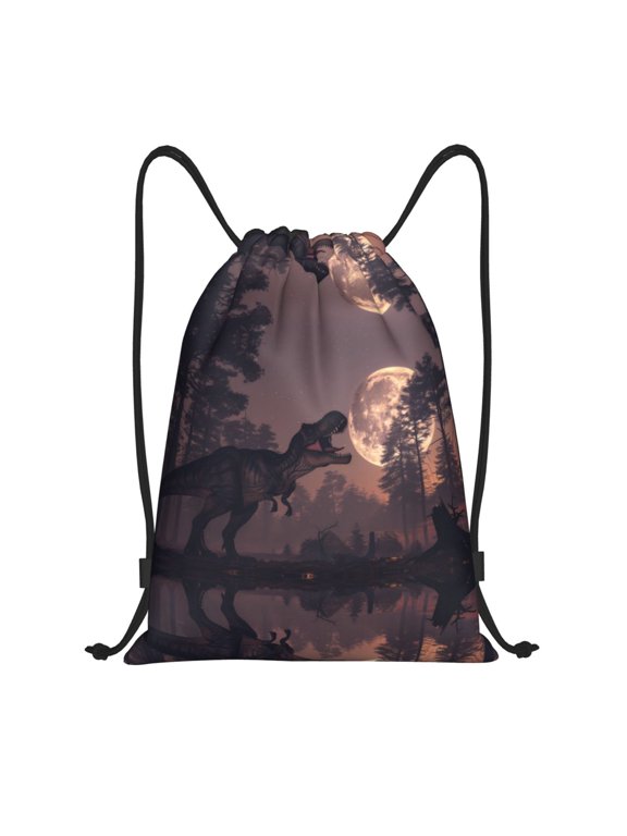 Drawstring Backpack - Dinosaur Moonlit Forest Splash Proof Small Drawstring Gym Bag for Women Men, Cinch Sports String Bag Backpack for Travel Swimming Beach