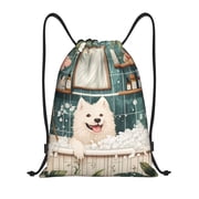 Drawstring Backpack - Dog in Tropical Bathtub Splash Proof Small Drawstring Gym Bag for Women Men, Cinch Sports String Bag Backpack for Travel Swimming Beach