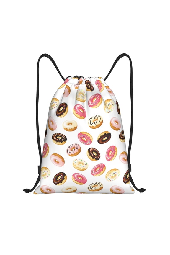 Drawstring Backpack - Donut Print White Splash Proof Small Drawstring Gym Bag for Women Men, Cinch Sports String Bag Backpack for Travel Swimming Beach